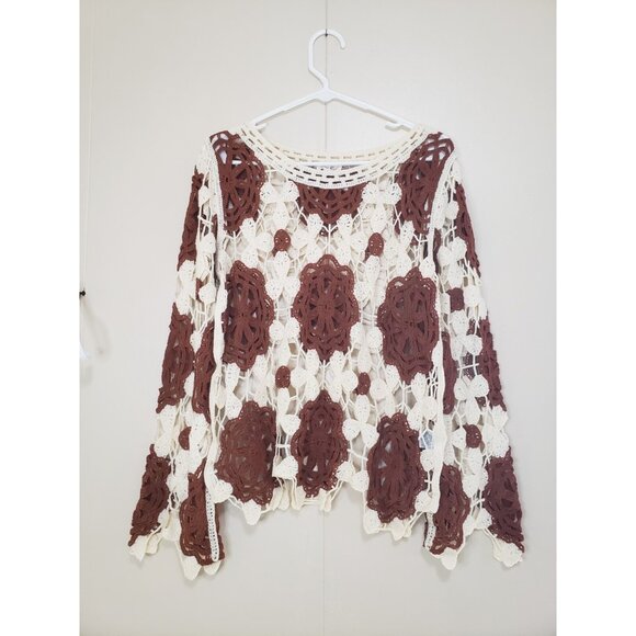 Kings Road Sweaters - Kings Road Womens L Crochet Top Floral Cream Brown Flare Sleeve Festival Boho